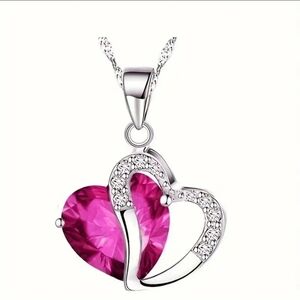Rose red Cubic Zirconia double heart pendant necklace
